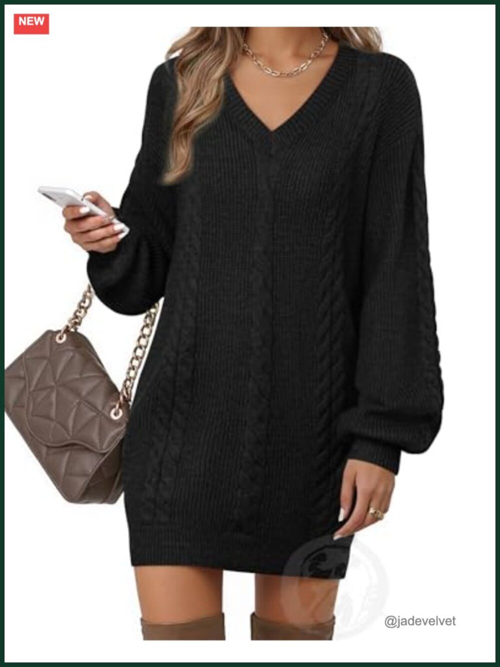 V Neck Lantern Sleeve Knit Mini Sweater Dress Casual Fall